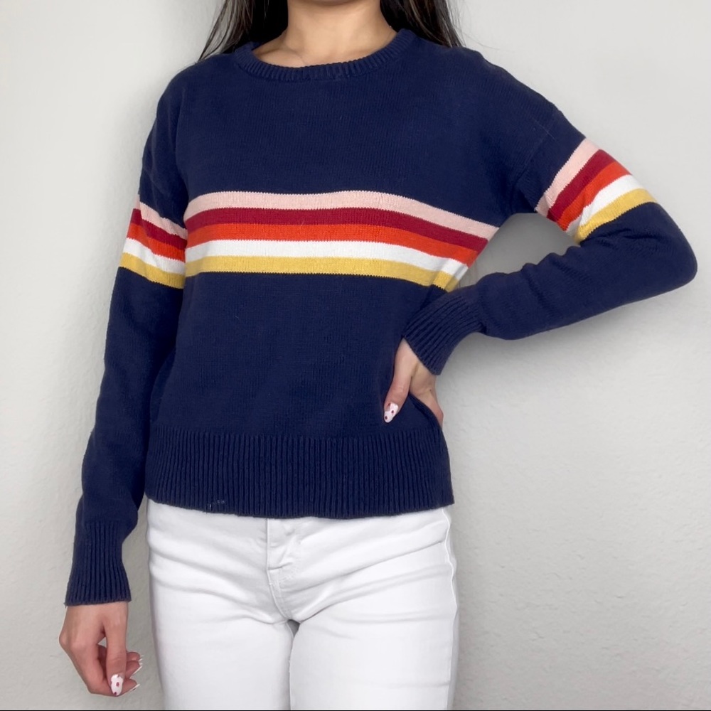 Dark Navy Blue Sunset Chest Striped Knit Crewneck Sweater | Sky & Sparrow